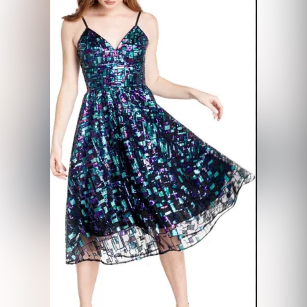 Sparkling Teal & Purple Sequin Midi Dress - Brand